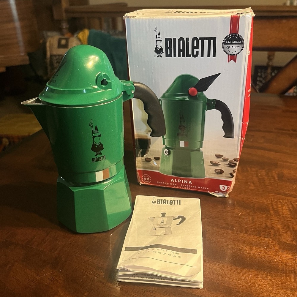 Bialetti Alpina 3-Cup Moka Pot Stovetop Espresso Maker Green Rare w/ Box Manual